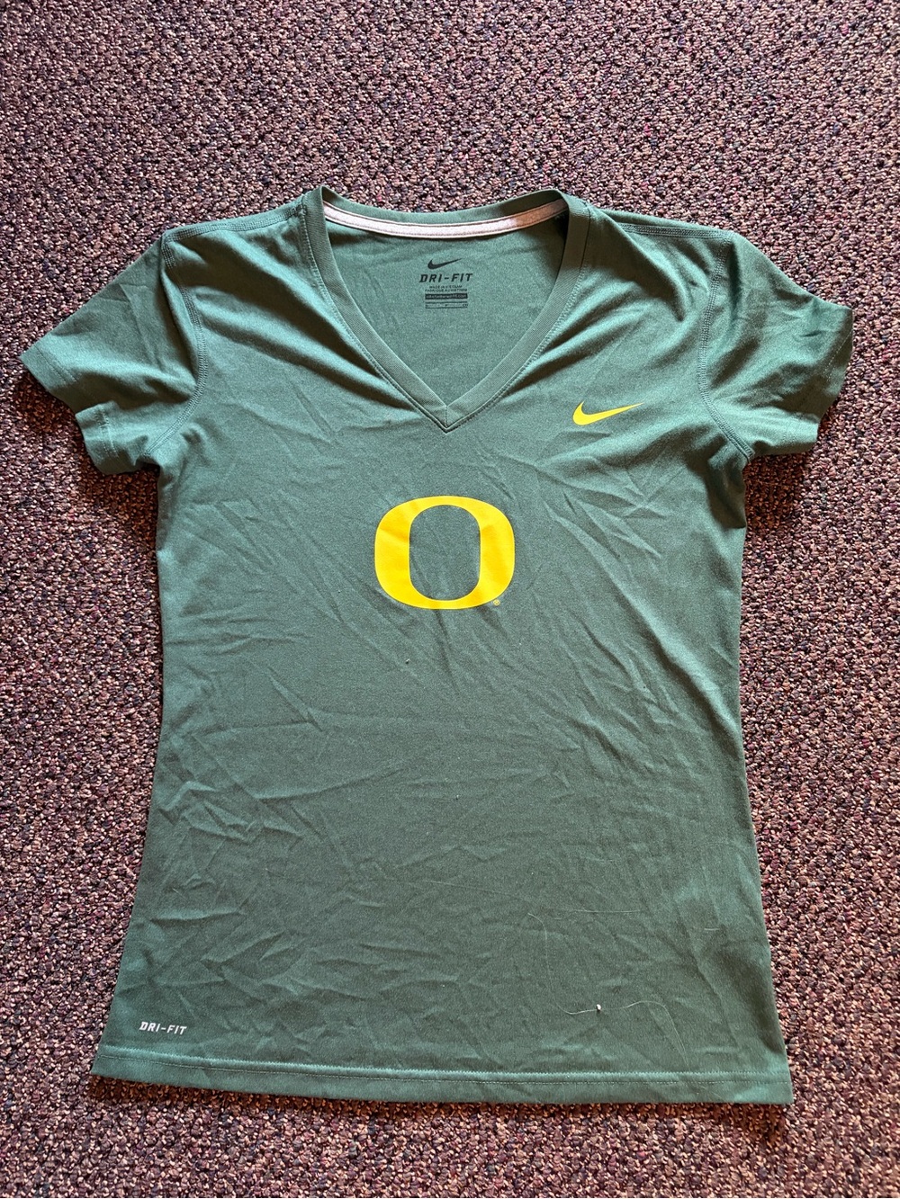 Nike Women's Green V-Neck Tee with Yellow 'O' Logo